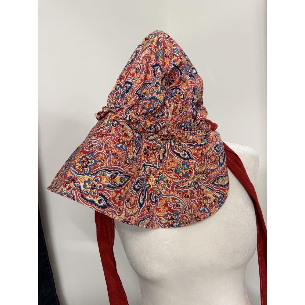 Vtg‎ Handmade Red Paisley Sun Bonnet Prairie Hat Wide Brim Floral Gardening Hat